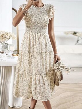 S. Deer Smocked Floral Midi Dress in Cream